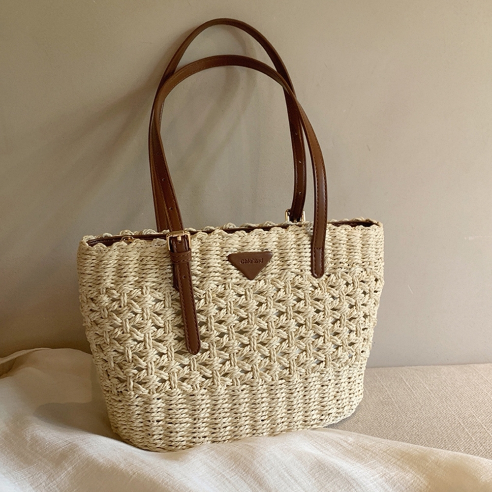 Chic Woven Tote Bag - Cream and Brown
